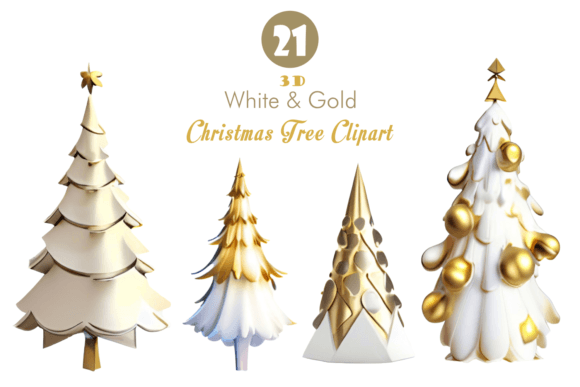 3D White and Gold Christmas Tree Clipart