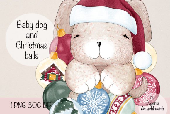 Baby Dog and Christmas Balls Illustrations for Content Publishing