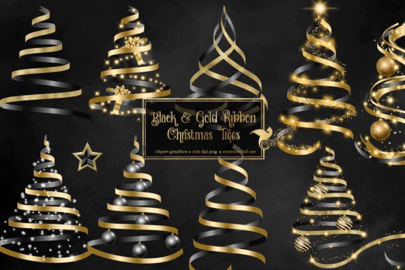 Black and Gold Ribbon Christmas Trees Illustrations