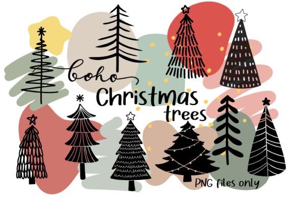 Boho Christmas Trees Clipart for Crafting and Etsy Products