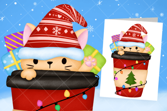 Christmas Cat Coffee Sublimation Clipart for Editorial Use