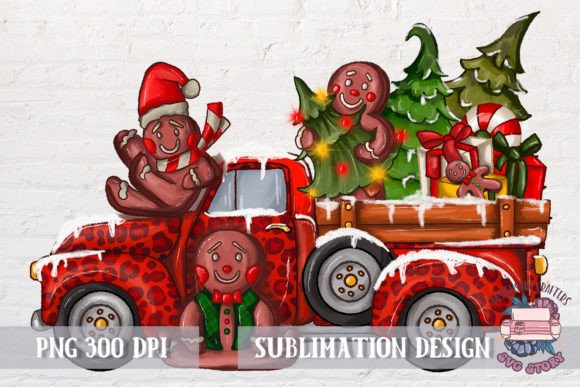 Christmas Gingerbread Man with Red Truck Illustrations