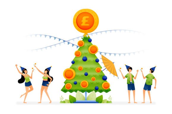 Christmas Tree Decorated with Coins Illustrations