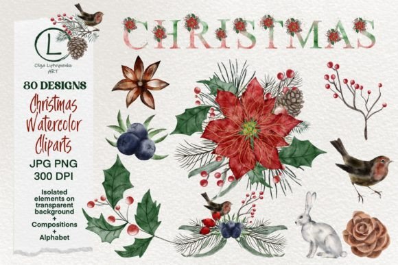 Christmas Watercolor Clipart 80 PNGs for Blog and Website Design