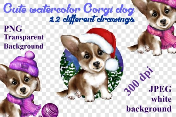 Cute Watercolor Corgi Dog Christmas PNG Illustration