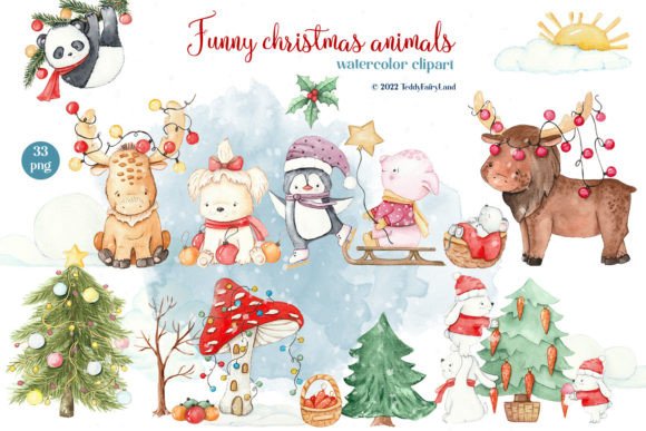 Funny Christmas Animals PNG Illustrations for Branding