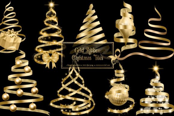Gold Ribbon Christmas Trees Clipart for Illustrations