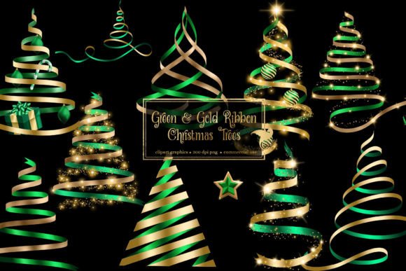 Green and Gold Ribbon Christmas Trees Illustrations