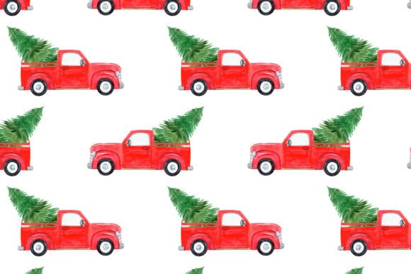 Red Car with Christmas Tree Print Illustrations