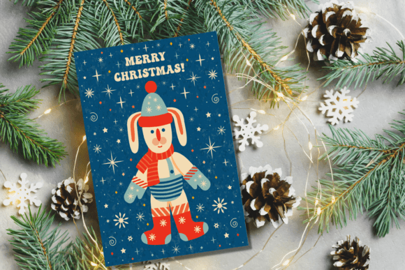 Retro Christmas Card with Rabbit Illustration